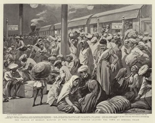 The Plague at Bombay, Natives at the Victoria Station leaving the Town by Special Train